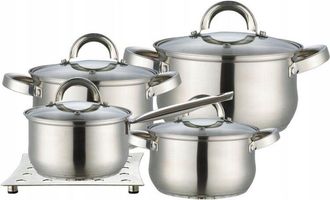 Maestro Mr-2021 Bater&iacute;a De Cocina Acero Inoxidable, 8 Piezas, Inducci&oacute;n, 3 Cacerolas, 1 Cazo, 4 Tapas De Cristal + Salvamanteles De Acero Inoxidable, Apta Par