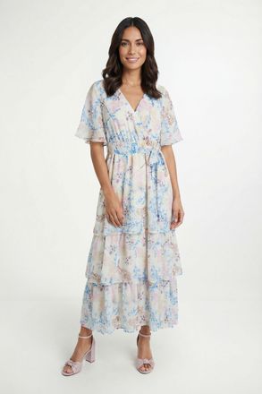 Wallis Womens Floral Print Ruffle MAXI Dress - White - Size 12 UK