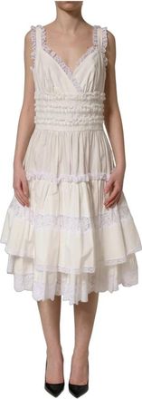 Dolce & Gabbana Katoenen Popeline Jurk met Ruches - Dames - Casual kleedjes - Wit - 2XS - Katoen - Kleedjes