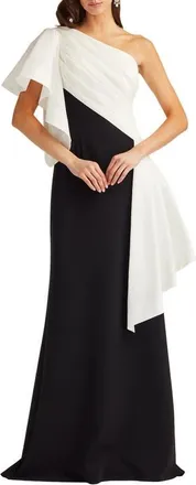 Tadashi Shoji Draped One-Shoulder Mixed Media Gown in White/Black at Nordstrom, Size Xx-Large