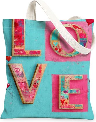 Generic Love Print Canvas Tote Bags, Colorful Heart Design Reusable Grocery Bags, Summer Vintage Chic Lightweight Washable Shoulder, Blue, 13x15 Inch