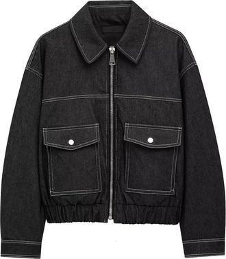 Generic Womens Imitation Denim Jacket Coat Outerwear Long-Sleeved Lapel-Collared Cropped Coat