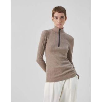 Brunello Cucinelli WomenS Brown Wool Blend Zip Mock Neck Sweater, Size M