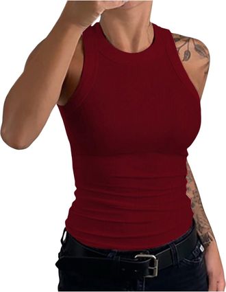 Generic Running Vest Tops Women UK Stretchy Slim-fit Womens Tank Top Round Neck Sleeveless Summer Camisole Vests for Workout Yoga Gym Solid Soft Breathable La