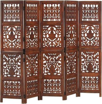 vidaXL Biombo 5 Paneles Tallado A Mano Madera Mango Marr&oacute;n 200x165 Cm Vidaxl