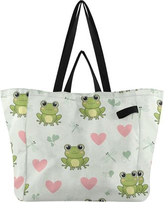 Generic Frog Hearts Green print Reusable Canvas Tote Bag, Heavy Duty Grocery Shopping Bag with Double Handles Hard Bottom Large Capacity Work Groceries Travel