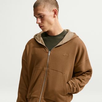 Nike Mens Club Oversized Fleece Full-Zip Reversible Hoodie in Brown | IO3795-270