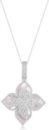 Suzy Levian Pavé Cubic Zirconia & Enamel Flower Pendant Necklace in Silver at Nordstrom Rack, Size 18