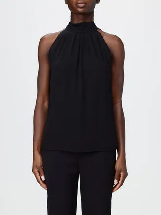 Hanita Blusa smanicata in raso con collo alto e modello drappeggiato