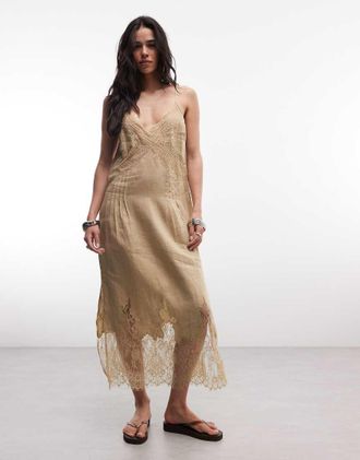AllSaints Samia - Vestito midi in pizzo di lino marrone senza maniche