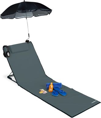 Relaxdays Tumbona De Playa Relaxdays Acolchada Xxl Con Sombrilla, 3 Posiciones, Almohada, Port&aacute;til, Antracita