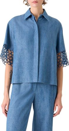 Akris Circle Lace & Denim Shirt in Medium Blue Denim at Nordstrom, Size 10