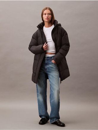 Calvin Klein Womens Long Down Hooded Puffer Jacket - Black - XL