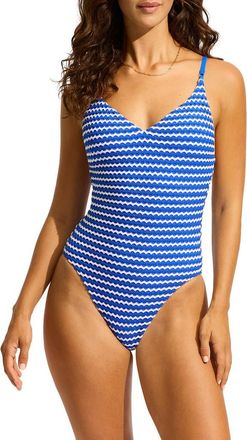 Seafolly Mesh Effect One-Piece Swimsuit in Azure at Nordstrom, Size 4 Us