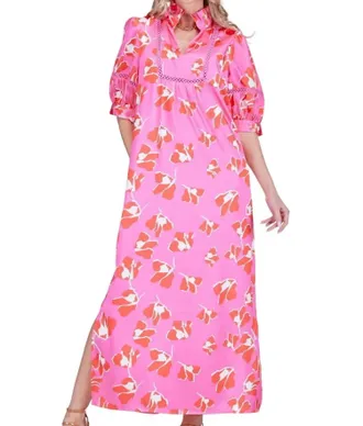 Jade Yoga Puff Sleeve Maxi Dress In Dancing Peonies