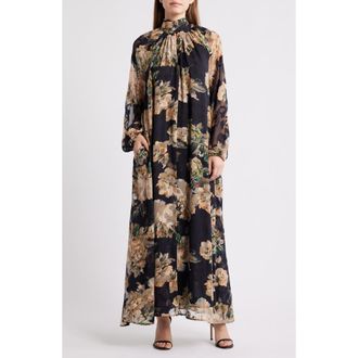 Melloday Botanical Tie-Neck Maxi Dress in Black Peach Floral at Nordstrom, Size Medium