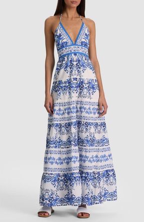 Alice & Olivia Karolina Print Cotton Halter Maxi Dress in Solstice at Nordstrom, Size 10