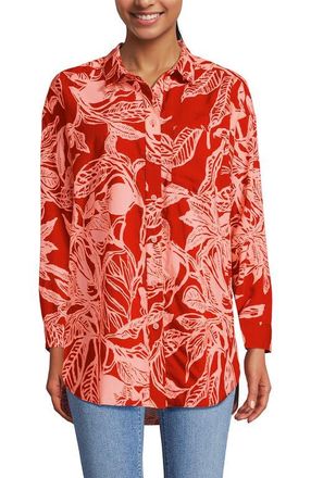 Lands End Womens Plus Size Cotton Voile Billowy Oversized Shirt in Mandarin Orange Etched Leaves at Nordstrom, Size X-Small