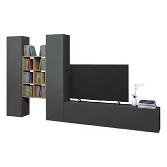 Dmora Pared Equipada Dcola, Conjunto De Sal&oacute;n Mueble De Tv Con 3 Puertas, Mueble De Sal&oacute;n Polivalente, 100% Made In Italy, Cm 320x30h180, Antracita Y Arce -
