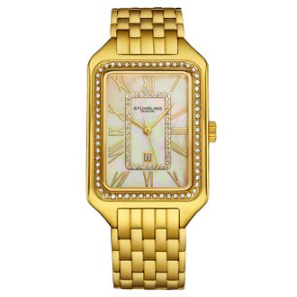 St&uuml;hrling Womens Lustra 4061 Rectangle Quartz Fashion Watch with Crystals 32mm - Gold Stainless Steel - One Size