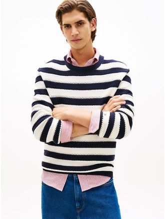 Tommy Hilfiger Mens Relaxed Fit Striped Crochet Sweater - Navy - XXL