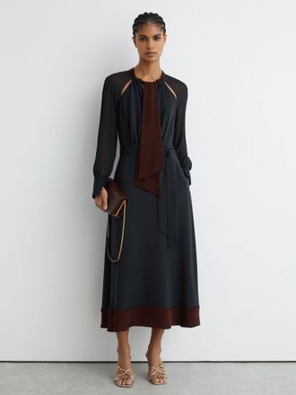 Reiss Navy & burgundy Tie-neck Belted Midi Dress, 18