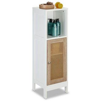 Relaxdays Relaxdays - Bathroom Cabinet, 3 Compartments, hwd: 96.5 x 30 x 30 cm, Narrow Storage Unit with Rattan Door, White/Natural