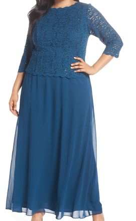 Alex Evenings Womens Plus Size Stretch Lace Bodice Mock One Piece Gown Special Occasion Dress, Peacock, 18