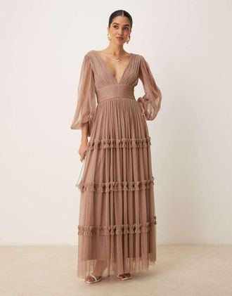 Lace & Beads boho ruffle maxi dress in soft taupe-Neutral