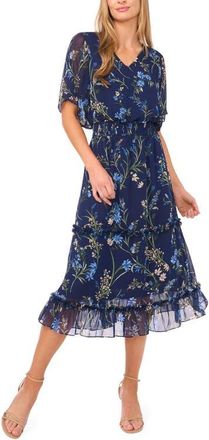 CeCe by Cynthia Steffe Floral Smock Waist Midi Dress in Classic Navy at Nordstrom, Size X-Large