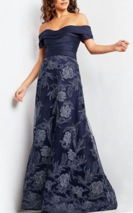 Jovani Off The Shoulder A Line Gown In Navy
