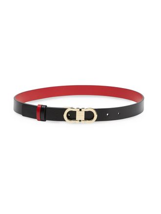 Ferragamo Narrow Calf Leather Belt with Polished Gold-Tone Buckle