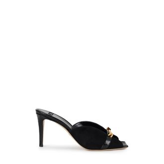 Elisabetta Franchi Schoenen, Dames, Zwart, 39 1/2 EU, Leer, Riviera Suede Mules met Logo van Juwelen