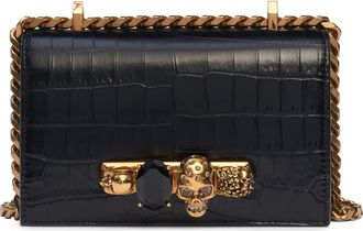 Alexander McQueen Alexander McQueen Jewelled Knuckle Croc Embossed Leather Crossbody Bag in Black/Gold at Nordstrom