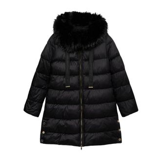 Oltre Jassen, Dames, Zwart, 3Xl, Polyester, Midi-donsjas met capuchon en bontrand