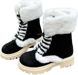 Generic Womens Winter Boots European Snowflake Pattern High Boot Thickened Wool Flat Bottom Boots Heeled Snow Boots(Black, 4.5)