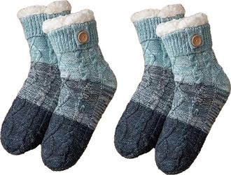 Generic Knitted Ultra-Thick Slipper Home Socks,Tri-color Knit Patchwork Non-Slip Warm Winter Socks,Fleece Lined Warm Comfort for Lounge Women (2, Blue UK2.5-7