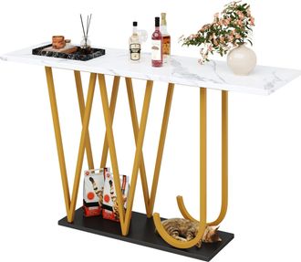 STILVORA Consola Con Espacio Abierto, Tablero Efecto M&aacute;rmol Y Base De Almacenaje Para Recibidor Cocina Sal&oacute;n, Mdf Metal, 120 X 29.5 X 80 Cm