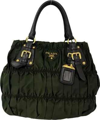 Prada Brown Khaki Nylon Leather Handbag Tote Bag (Pre-Owned)