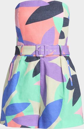 Ramy Brook Isobel Abstract Linen-Cotton Strapless Romper