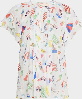 Maison Common Nautical-Print Flutter Short-Sleeve Silk Blouse