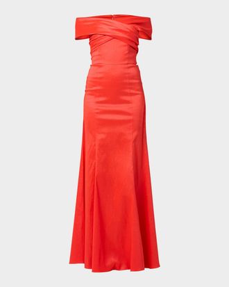 Shoshanna Etta Pleated Off-Shoulder Gown