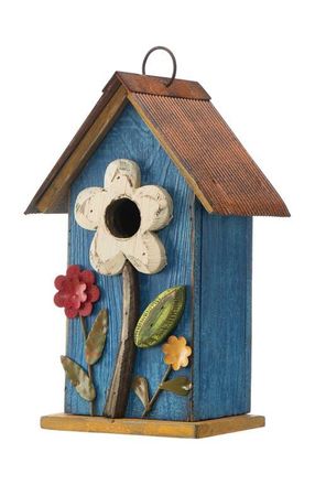Glitzhome 10H Multicolor Cute Distressed Solid Wood Birdhouse with 3D Flowers in Blue at Nordstrom, Size Medium