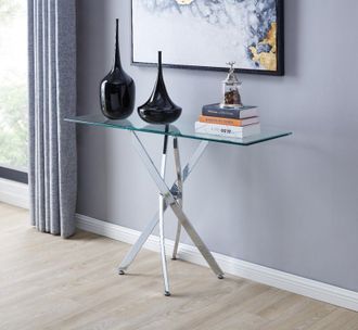 Furniturebox Leonardo Rectangular Glass Console Table with Metal Angled Starburst Legs for Modern Living Room in Silver