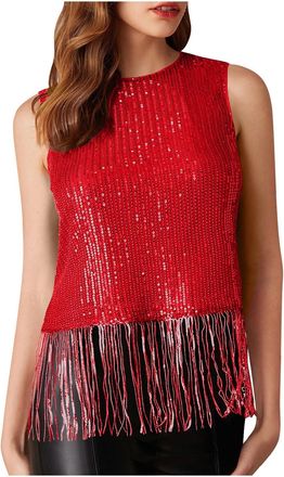 Generic Womens Sequin Tops Glitter Fringe Party Vest Sleeveless Sparkle Blouse Womens Sequin Tank Top Fashion Crew Neck Cami Vests Elegant Casual Night Out Cl