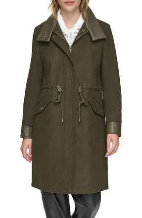 Andrew Marc Feather Leather Trim Wool Blend Coat in Artichoke at Nordstrom, Size X-Large