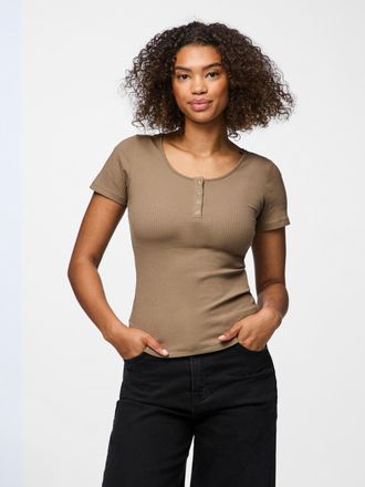 Pieces Kurzarmshirt PIECES PCKITTE SS TOP NOOS BC, Damen, Gr. XL, fossil, Rippware, Obermaterial: 95% Baumwolle, 5% Elasthan, unifarben, slim fit normal, Run