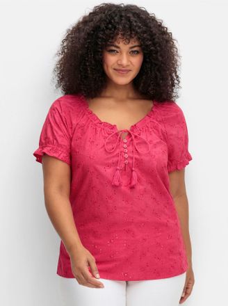 Sheego Kurzarmbluse SHEEGO BY JOE BROWNS, Damen, Gr. 40, pink, 100% Baumwolle, unifarben, Carmenausschnitt, Blusen Kurzarmbluse