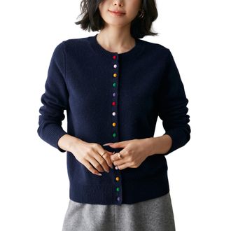 Dissa Women Cashmere Cardigan Dark Blue Crewneck Knitted Cardigan Long Sleeve Fitted Cashmere&Wool Thick Plain Ladies Sweater,UK 12,MY25264