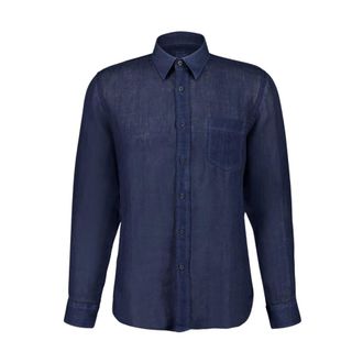 120% Lino Navy Blue Linen Long-Sleeve Shirt